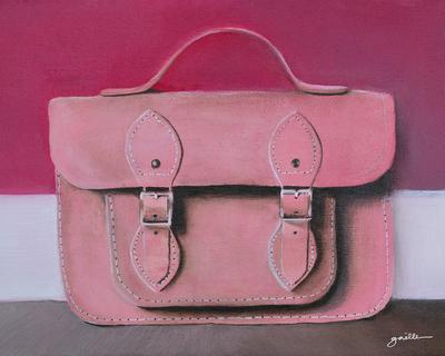 Painting of a pink leather satchel against a deep pink wall